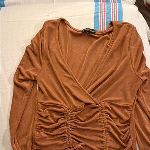 Almost Famous Rust Brown Surplice Ruched Long Sleeve Top